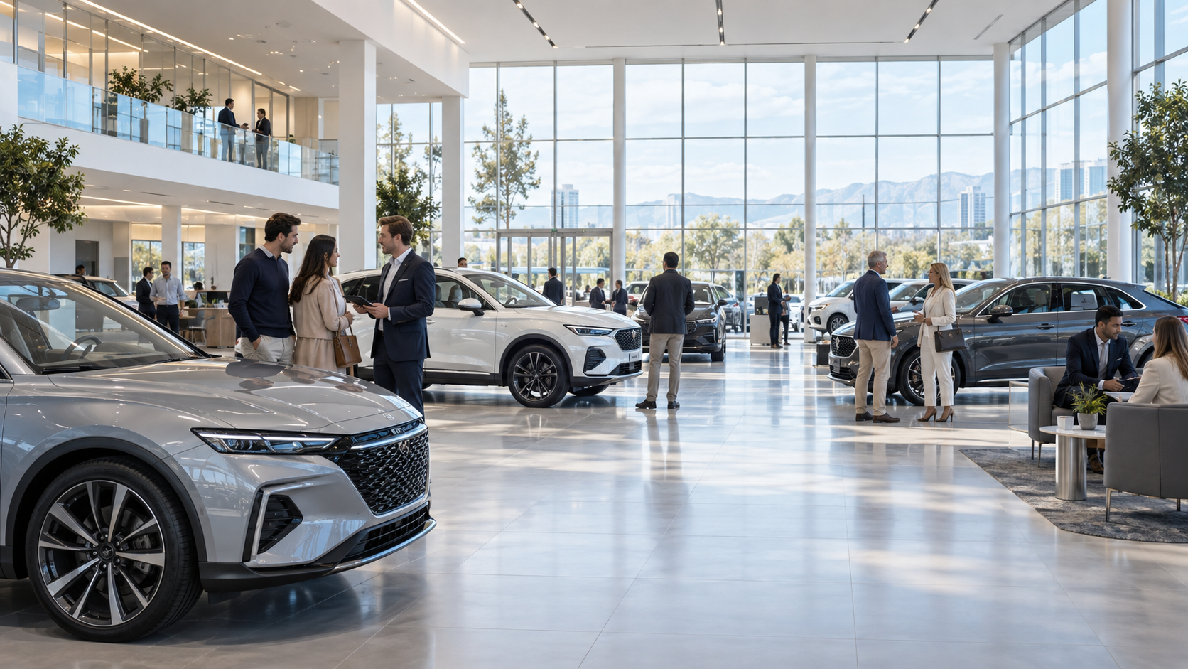 Customers and sales professionals in a bright automotive showroom