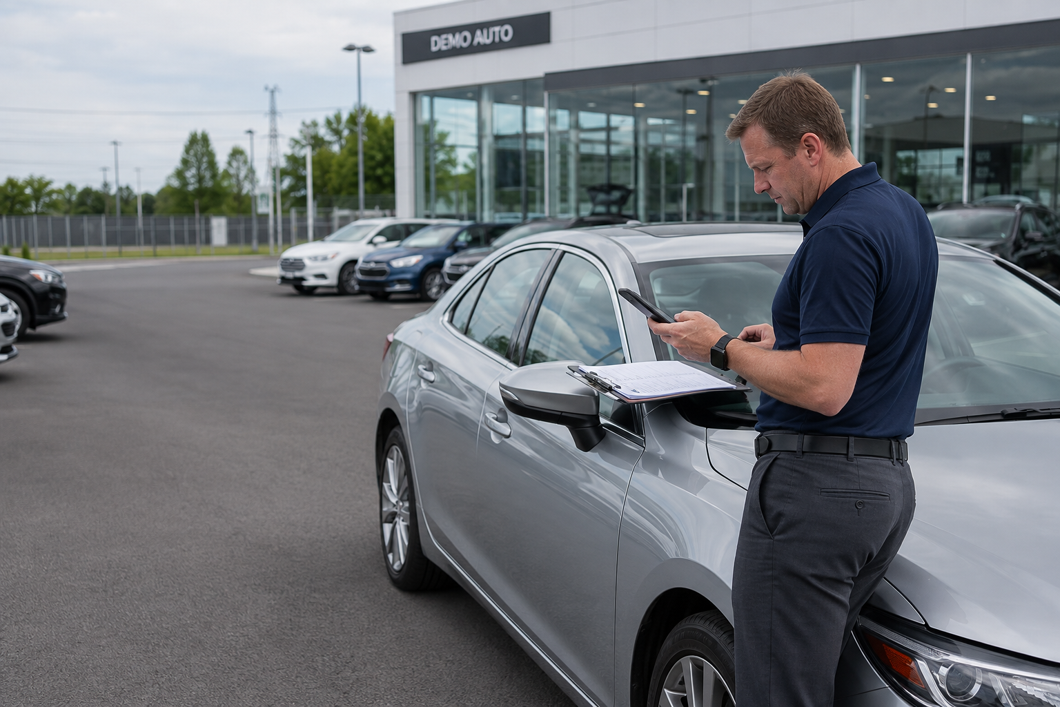 A salesperson checking a customer enquiry sheet beside a car at an illustrative dealership